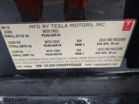 2013 Tesla Model S with VIN 5YJSA1CN0DFP20408, listed as a IAAI auction lot 41524470 with 1 mi miles. Bid and sale history available at carsss.com. Image 9.