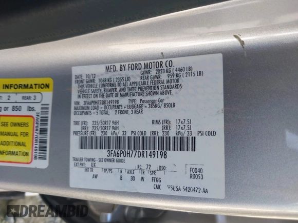 2013 Ford Fusion SE with VIN 3FA6P0H77DR149198, listed as a IAAI auction lot 41827532 with 182,504 mi miles. Bid and sale history available at carsss.com. Image 9.