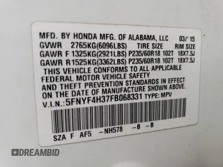 2015 Honda Pilot SE with VIN 5FNYF4H37FB068331, listed as a Copart auction lot 46571805 with 59,706 mi miles and Clean Title. Bid and sale history available at carsss.com. Image 12.