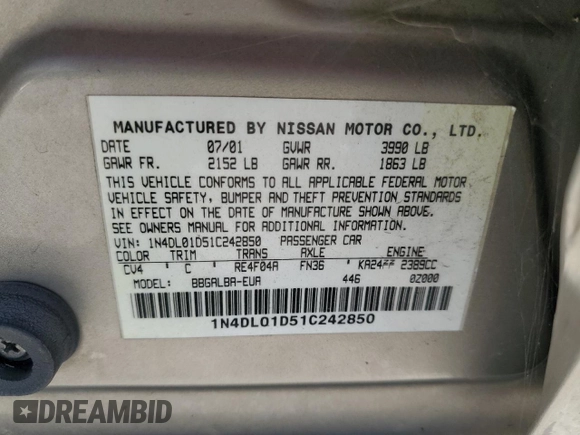 2001 Nissan Altima GXE with VIN 1N4DL01D51C242850, listed as a Copart auction lot 73544874 with 157,805 mi miles and Salvage Title. Bid and sale history available at carsss.com. Image 12.