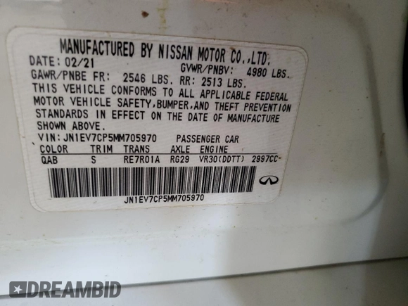 2021 Infiniti Q50 Signature Edition with VIN JN1EV7CP5MM705970, listed as a Copart auction lot 87705365 with Not provided miles and Salvage title. Bid and sale history available at DreamBid. Image 14.