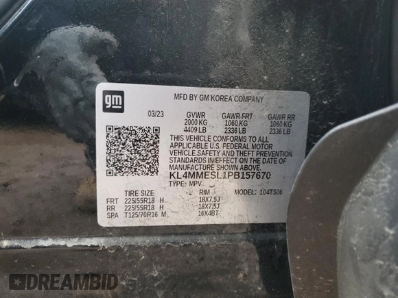 2023 Buick Encore GX Select with VIN KL4MMESL1PB157670, listed as a Copart auction lot 43427635 with 73,723 mi miles and Salvage title. Bid and sale history available at DreamBid. Image 13.