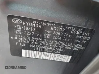 2010 Hyundai Elantra GLS with VIN KMHDU4AD9AU016685, listed as a IAAI auction lot 41852371 with 193,150 mi miles and . Bid and sale history available at DreamBid. Image 9.