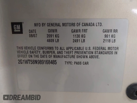 2008 Chevrolet Impala LT with VIN 2G1WT58N989168485, listed as a IAAI auction lot 42044914 with 160,350 mi miles and . Bid and sale history available at DreamBid. Image 9.