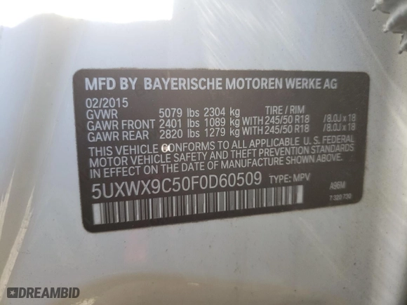 2015 BMW X3 xDrive28i with VIN 5UXWX9C50F0D60509, listed as a Copart auction lot 48664715 with 114,973 mi miles and Salvage Title. Bid and sale history available at carsss.com. Image 13.