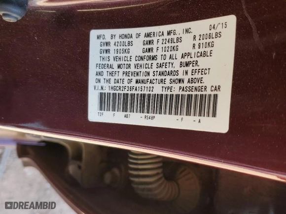 2015 Honda Accord Sedan LX with VIN 1HGCR2F36FA157102, listed as a Copart auction lot 49530445 with 116,875 mi miles and Salvage Title. Bid and sale history available at carsss.com. Image 14.
