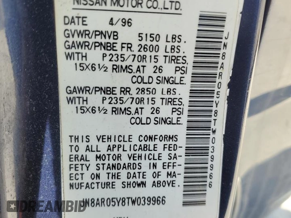 1996 Nissan Pathfinder XE z VIN JN8AR05Y8TW039966, wystawiony jako Copart lot #76273784 z przebiegiem 182 668 mil mil oraz Szkoda całkowita • Salvage title. Historia ofert i sprzedaży dostępna na DreamBid. Obrazek 14.