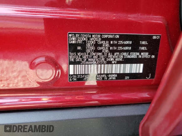 2021 Toyota Venza LE z VIN JTEAAAAH5MJ073730, wystawiony jako Copart lot #59868165 z przebiegiem 32 258 mil mil oraz Szkoda całkowita • Salvage title. Historia ofert i sprzedaży dostępna na DreamBid. Obrazek 14.