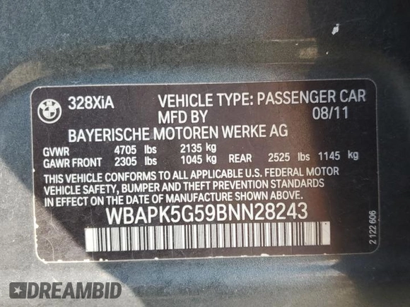 2011 BMW 3 Series 328i xDrive z VIN WBAPK5G59BNN28243, wystawiony jako Copart lot #46920195 z przebiegiem 125 728 mil mil oraz Szkody całkowita. Historia ofert i sprzedaży dostępna na DreamBid. Obrazek 12.