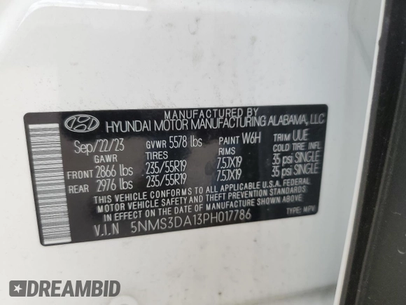2023 Hyundai Santa Fe Hybrid SEL Premium with VIN 5NMS3DA13PH017786, listed as a Copart auction lot 72655854 with 8,977 mi miles and Salvage Title. Bid and sale history available at carsss.com. Image 13.