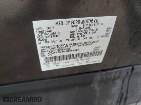 2017 Ford Explorer XLT z VIN 1FM5K7D85HGA61920, wystawiony jako Copart lot #64667705 z przebiegiem 205 281 mil mil oraz Czysty tytuł • Clean title. Historia ofert i sprzedaży dostępna na DreamBid. Obrazek 13.