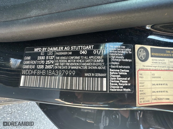 2011 Mercedes-Benz E-Class E 350 Luxury with VIN WDDHF8HB1BA397999, listed as a Copart auction lot 45381785 with 157,257 mi miles and Clean Title. Bid and sale history available at carsss.com. Image 10.
