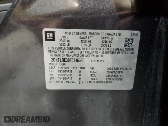 2015 GMC Terrain SLE with VIN 2GKFLRE30F6346580, listed as a Copart auction lot 57677715 with 115,765 mi miles and Salvage title. Bid and sale history available at DreamBid. Image 13.