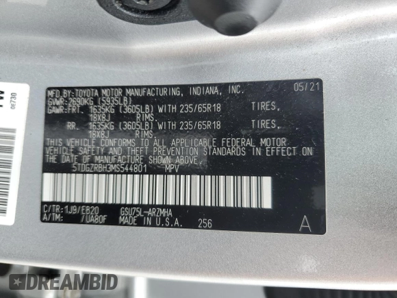 2021 Toyota Highlander XLE with VIN 5TDGZRBH3MS544801, listed as a Copart auction lot 63478355 with 54,616 mi miles and Salvage title. Bid and sale history available at DreamBid. Image 13.