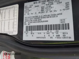 2010 Ford Explorer Eddie Bauer с VIN 1FMEU6EE4AUA25300, выставлен на аукционе IAAI как лот 42667263 с пробегом 164 248 миль миль и . История ставок и продаж доступна на DreamBid. Изображение 9.