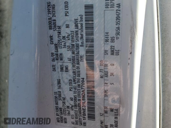 2009 Ford Econoline Passenger XL с VIN 1FBNE31L69DA77094, выставлен на аукционе Copart как лот 44905115 с пробегом 186 403 миль миль и Списание • Salvage title. История ставок и продаж доступна на DreamBid. Изображение 13.