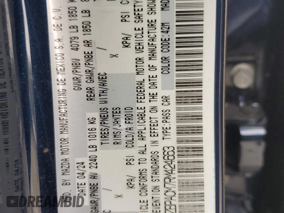2024 Mazda 3 S Preferred with VIN 3MZBPACM7RM424663, listed as a Copart auction lot 52496455 with 2,198 mi miles and Salvage Title. Bid and sale history available at DreamBid. Image 13.