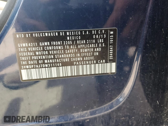 2013 Volkswagen Jetta SE z VIN 3VWDP7AJ7DM311146, wystawiony jako Copart lot #54963425 z przebiegiem 236 277 mil mil oraz Szkoda całkowita • Salvage title. Historia ofert i sprzedaży dostępna na DreamBid. Obrazek 12.