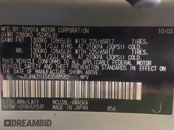 2004 Lexus RX 330 z VIN JTJHA31U340048582, wystawiony jako IAAI lot #42080994 z przebiegiem 228 897 mil mil oraz . Historia ofert i sprzedaży dostępna na DreamBid. Obrazek 9.