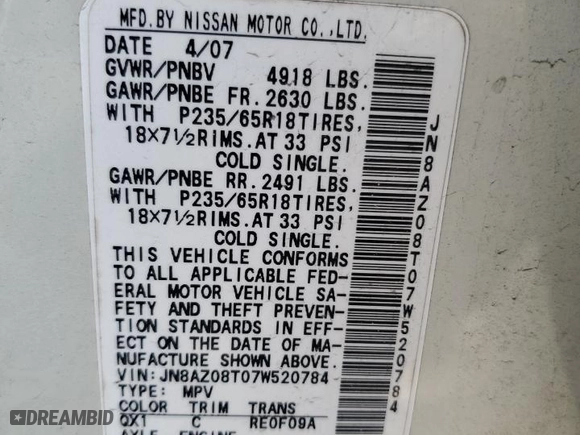 2007 Nissan Murano SL with VIN JN8AZ08T07W520784, listed as a Copart auction lot 44788425 with 142,928 mi miles and Salvage Title. Bid and sale history available at carsss.com. Image 12.