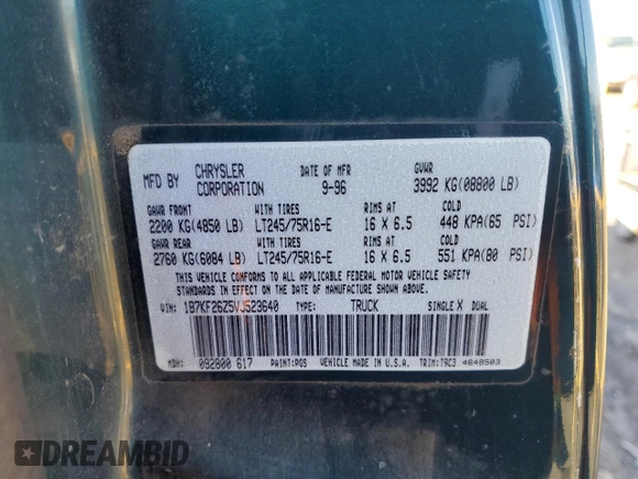 1997 Dodge 2500 with VIN 1B7KF26Z5VJ523640, listed as a Copart auction lot 44957715 with 255,503 mi miles and Clean Title. Bid and sale history available at DreamBid. Image 12.