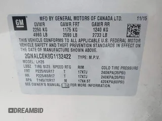 2016 Chevrolet Equinox LT with VIN 2GNALCEK8G1132422, listed as a IAAI auction lot 41948390 with 95,778 mi miles. Bid and sale history available at carsss.com. Image 9.