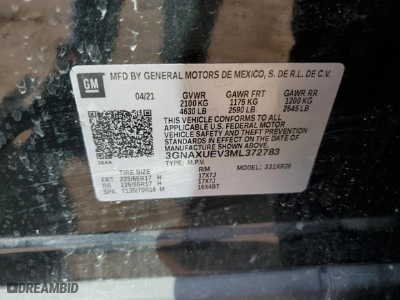 2021 Chevrolet Equinox LT with VIN 3GNAXUEV3ML372783, listed as a Copart auction lot 49274415 with 85,515 mi miles and Non Repairable. Bid and sale history available at carsss.com. Image 13.