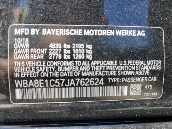 2018 BMW 3 Series 330e iPerformance with VIN WBA8E1C57JA762624, listed as a Copart auction lot 50692415 with 36,744 mi miles and Salvage Title. Bid and sale history available at carsss.com. Image 14.