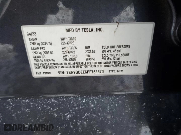 2023 Tesla Model Y Long Range with VIN 7SAYGDEE6PF752570, listed as a Copart auction lot 84927794 with 52,297 mi miles and Salvage Title. Bid and sale history available at DreamBid. Image 12.