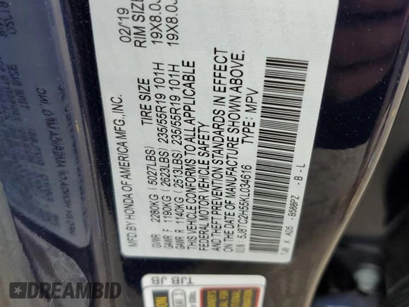 2019 Acura RDX w/Technology Pkg with VIN 5J8TC2H55KL034616, listed as a Copart auction lot 72599233 with 68,144 mi miles. Bid and sale history available at carsss.com. Image 12.