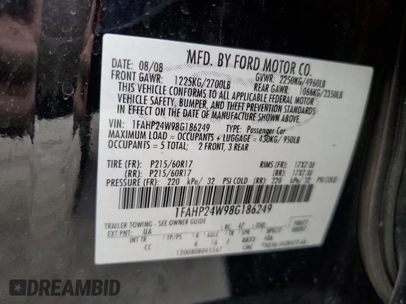2008 Ford Taurus SEL with VIN 1FAHP24W98G186249, listed as a Copart auction lot 50456075 with 88,291 mi miles and Salvage Title. Bid and sale history available at DreamBid. Image 14.