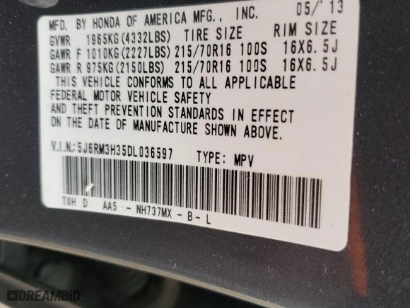 2013 Honda CR-V LX with VIN 5J6RM3H35DL036597, listed as a Copart auction lot 49430345 with 182,582 mi miles and Salvage Title. Bid and sale history available at carsss.com. Image 13.