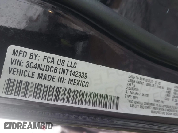 2022 Jeep Compass High Altitude with VIN 3C4NJDCB1NT142939, listed as a IAAI auction lot 41683243 with 43,656 mi miles and . Bid and sale history available at DreamBid. Image 9.