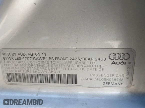 2011 Audi A4 Premium z VIN WAUAFAFL0BN039748, wystawiony jako IAAI lot #42323530 z przebiegiem 152 038 mil mil oraz . Historia ofert i sprzedaży dostępna na DreamBid. Obrazek 9.