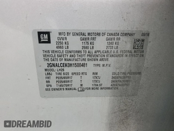 2017 Chevrolet Equinox LT with VIN 2GNALCEK0H1500481, listed as a Copart auction lot 52915195 with 129,023 mi miles and Salvage Title. Bid and sale history available at DreamBid. Image 13.