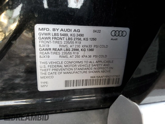 2022 Audi Q5 Sportback S line Premium Plus with VIN WA15AAFY6N2107307, listed as a Copart auction lot 81544024 with Not provided miles and Salvage title. Bid and sale history available at DreamBid. Image 13.