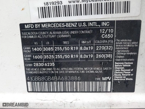 2011 Mercedes-Benz M-Class ML 350 with VIN 4JGBB8GB4BA683886, listed as a IAAI auction lot 41557555 with 157,418 mi miles. Bid and sale history available at carsss.com. Image 9.