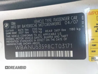 2008 BMW 5 Series 528i with VIN WBANU53598CT03171, listed as a IAAI auction lot 42086762 with 185,630 mi miles and . Bid and sale history available at carsss.com. Image 9.