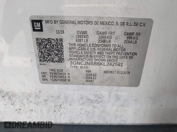 2019 Chevrolet Trax LS with VIN 3GNCJNSB5KL242561, listed as a IAAI auction lot 41662487 with 38,209 mi miles. Bid and sale history available at carsss.com. Image 9.