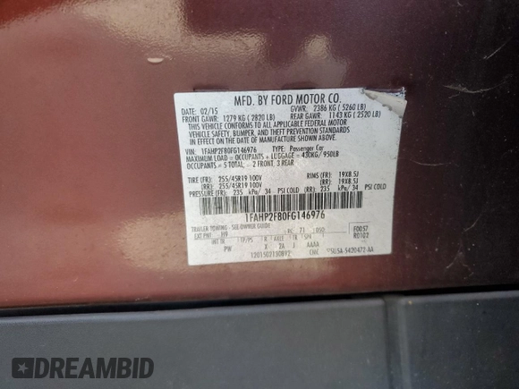2015 Ford Taurus Limited with VIN 1FAHP2F80FG146976, listed as a Copart auction lot 45020025 with 143,495 mi miles and Salvage Title. Bid and sale history available at DreamBid. Image 12.