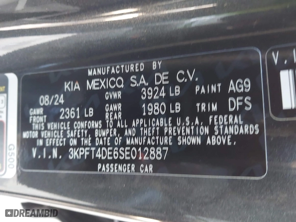 2025 Kia K4 LXS with VIN 3KPFT4DE6SE012887, listed as a IAAI auction lot 41272567 with 818 mi miles. Bid and sale history available at carsss.com. Image 9.