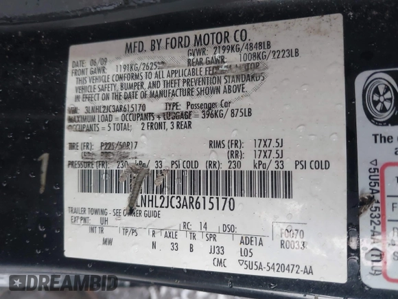 2010 Lincoln MKZ with VIN 3LNHL2JC3AR615170, listed as a IAAI auction lot 41828124 with 126,959 mi miles and . Bid and sale history available at DreamBid. Image 9.