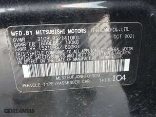 2022 Mitsubishi Mirage G4 ES with VIN ML32FUFJ0NHF01919, listed as a IAAI auction lot 41542271 with 15,634 mi miles. Bid and sale history available at carsss.com. Image 9.
