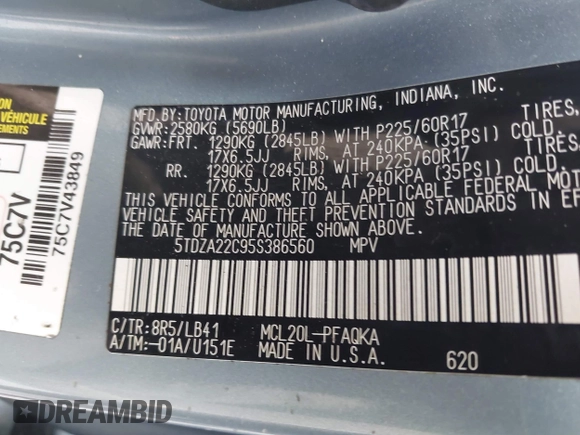 2005 Toyota Sienna XLE with VIN 5TDZA22C95S386560, listed as a IAAI auction lot 41943555 with 230,708 mi miles and . Bid and sale history available at DreamBid. Image 9.