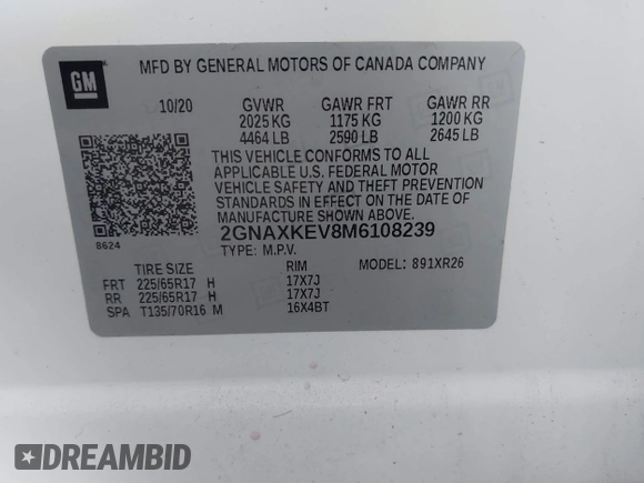 2021 Chevrolet Equinox LT with VIN 2GNAXKEV8M6108239, listed as a IAAI auction lot 41808204 with 92,752 mi miles. Bid and sale history available at carsss.com. Image 9.
