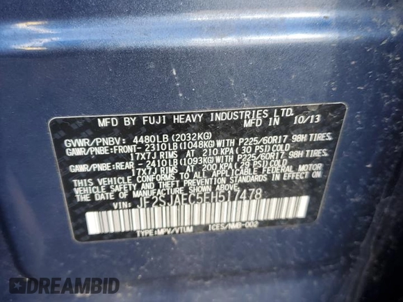 2014 Subaru Forester 2.5i Premium with VIN JF2SJAEC5EH517478, listed as a Copart auction lot 52067715 with 100,707 mi miles and Salvage Title. Bid and sale history available at carsss.com. Image 13.