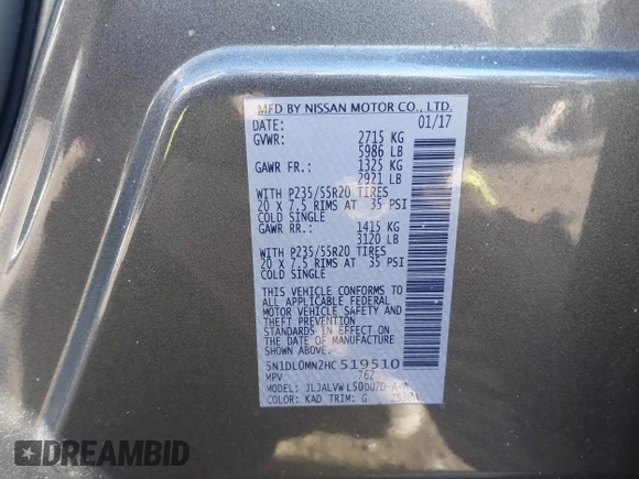 2017 Infiniti QX60 with VIN 5N1DL0MN2HC519510, listed as a IAAI auction lot 41705079 with 83,696 mi miles and . Bid and sale history available at DreamBid. Image 9.