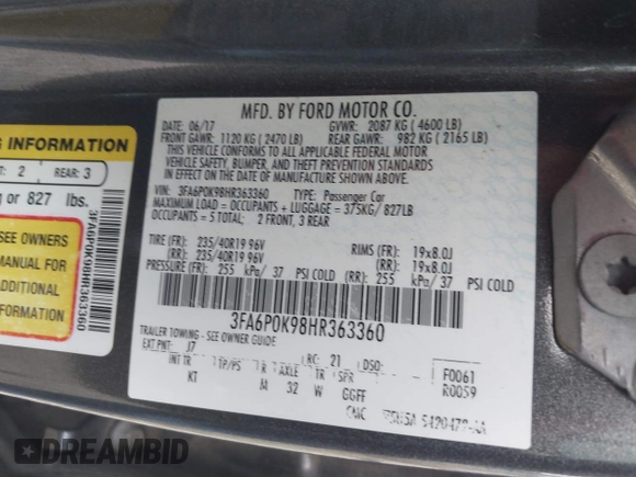 2017 Ford Fusion Titanium with VIN 3FA6P0K98HR363360, listed as a IAAI auction lot 42461432 with 182,807 mi miles and . Bid and sale history available at DreamBid. Image 9.