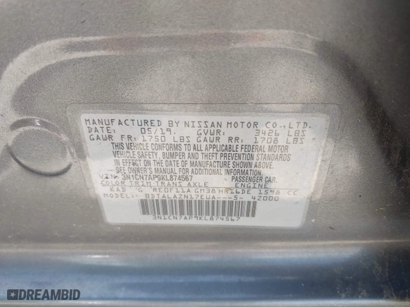 2019 Nissan Versa Sedan SV with VIN 3N1CN7AP9KL874567, listed as a IAAI auction lot 41953400 with 73,022 mi miles. Bid and sale history available at carsss.com. Image 9.
