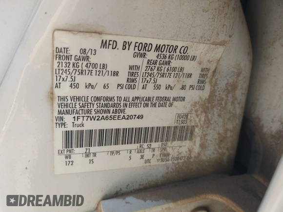 2014 Ford F-250 XL with VIN 1FT7W2A65EEA20749, listed as a IAAI auction lot 42334720 with 187,435 mi miles and . Bid and sale history available at DreamBid. Image 9.